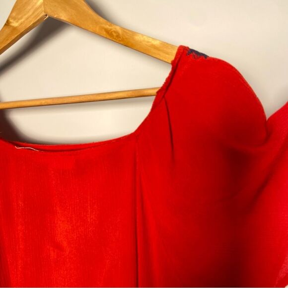 Red Square Neck Top Flowy Embroidered Short Sleeve Fairy Floral Boho Cottage S - Picture 5 of 8